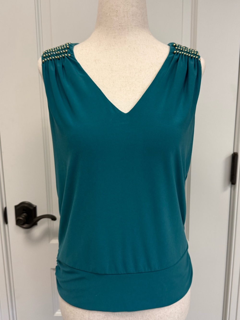 WHBM Green V-Neck Top with Gold Beaded Shoulders